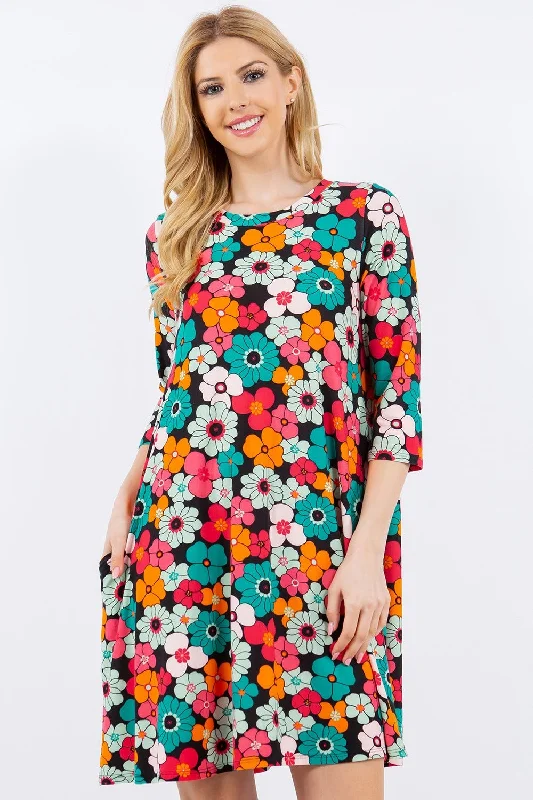 Blue Zone Planet |  Celeste Full Size Floral Three-Quarter Sleeve Dress with Pockets Tunics Exclusive limited