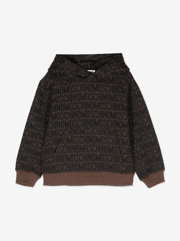 Moschino Kids All Over Logo Hoodie in Brown Hoodie with Metallic Shiny Futuristic