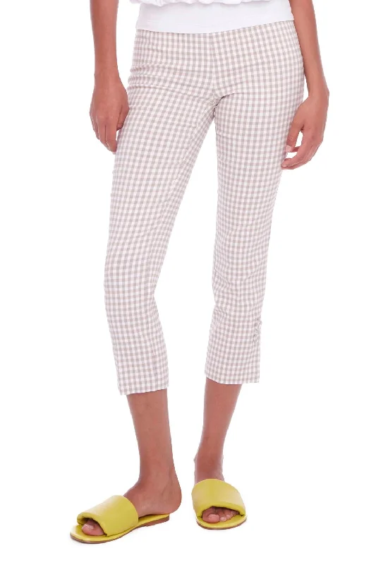 Gingham Techno Crop Pant | Tan High-Waist Trousers