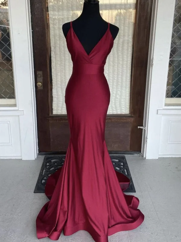 V Neck Burgundy Mermaid Prom Dresses, Wine Red Mermaid Formal Evening Dresses