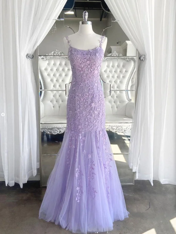Purple Mermaid Lace Long Prom Dresses, Long Mermaid Purple Lace Formal Evening Dresses