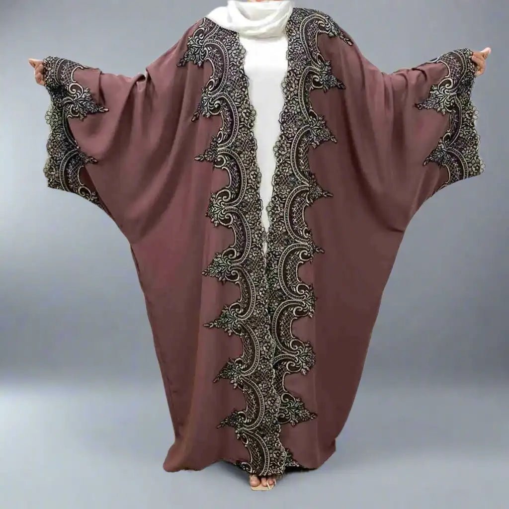 Lace Batwing Sleeve Muslim Women Cardigan Farasha Open Abaya Dress Solid Print Embellished