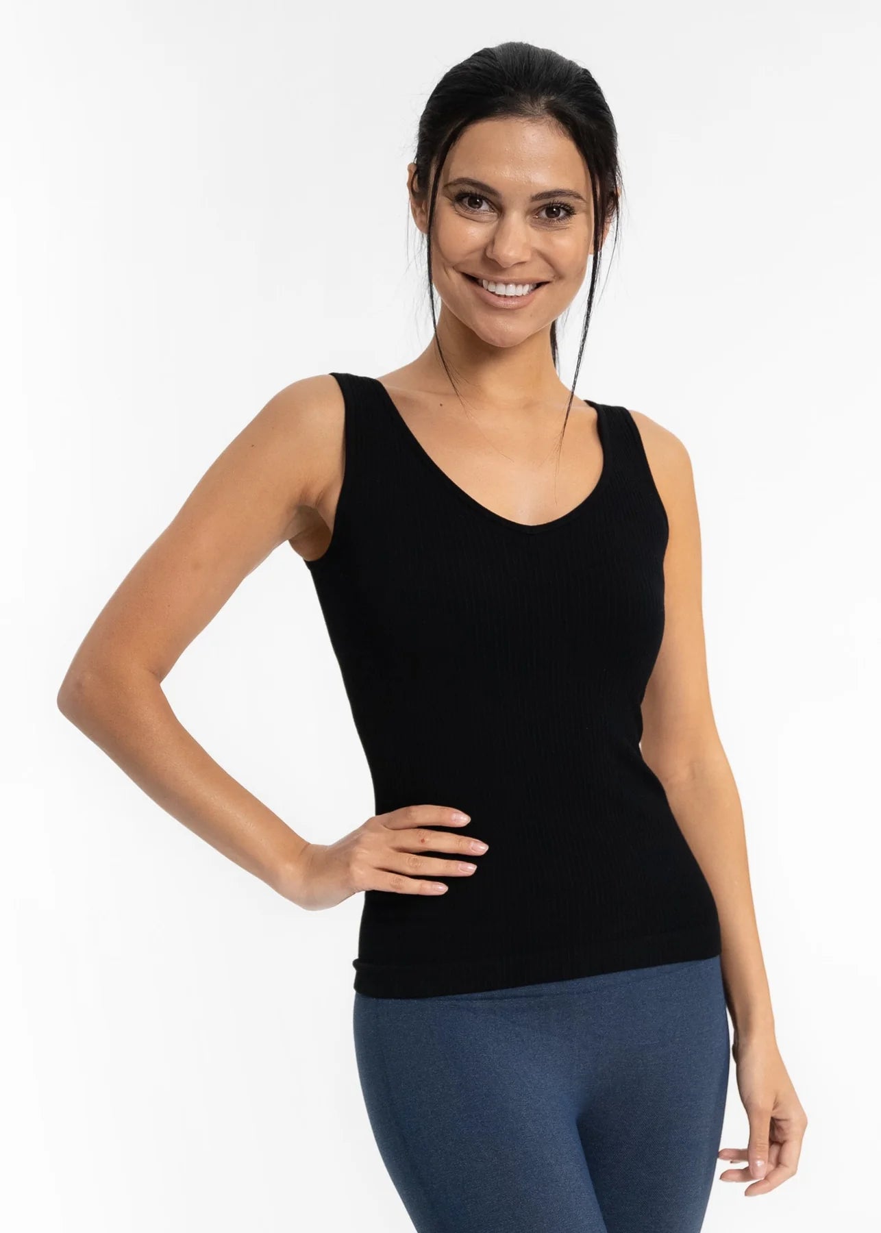 Curvy Black Ribbed Reversible Tank by Elietian yoga tank top