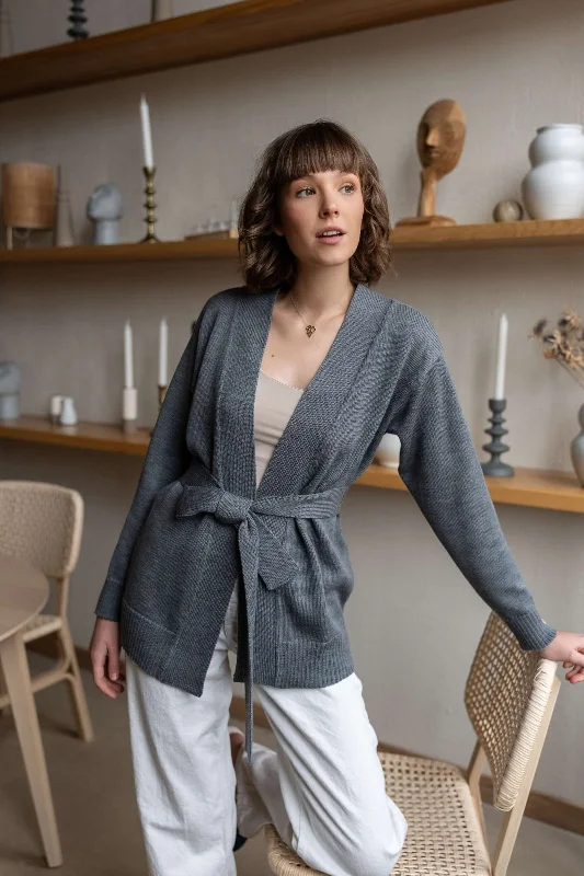 Merino Wool Cardigan With A Belt Jersey Fabric Tulle Fabric Batik Fabric
