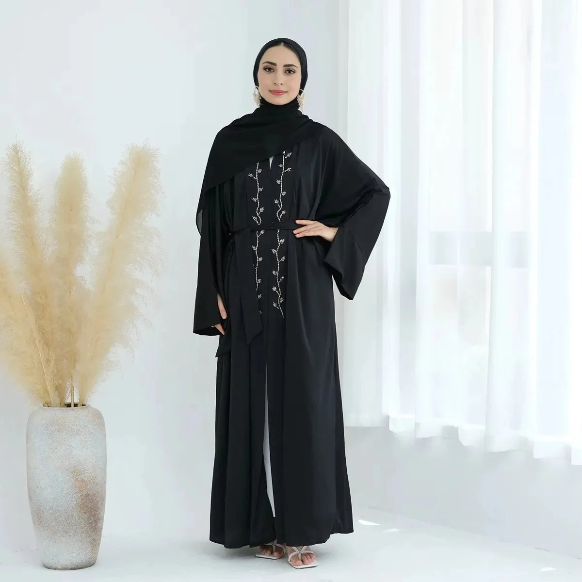 Beaded Wrinkle Satin Cardigan Open Abaya #25828 Terry Blend Velvet Blend Canvas Blend