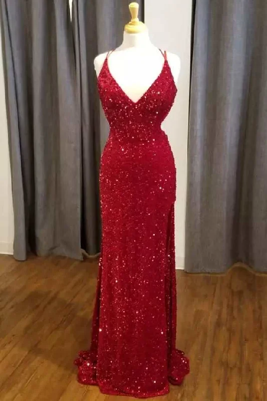 Red Sequin V-Neck Mermaid Long Formal Dress