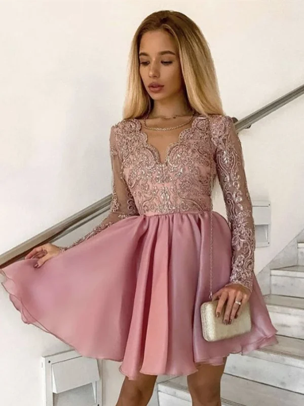 V Neck Short Pink Lace Prom Dresses, Short Pink Lace Formal Graduation Dresses
