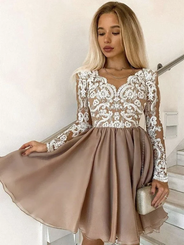 Long Sleeves Short Champagne Lace Prom Dresses, Short Champagne Lace Formal Graduation Dresses Long Sleeves Short Champagne Lace Prom Dresses, Short Champagne Lace Formal Graduation Dresses