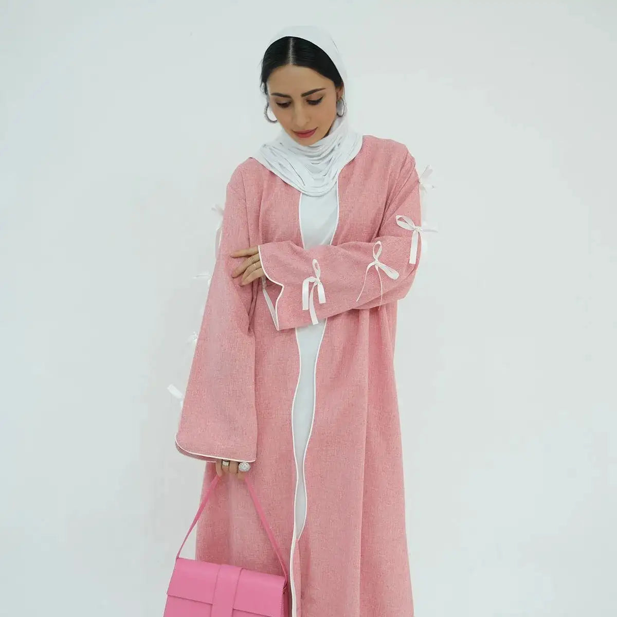 Bowknot Sleeve Muslim Women Cardigan Open Abaya Dress Neon metallic Matte