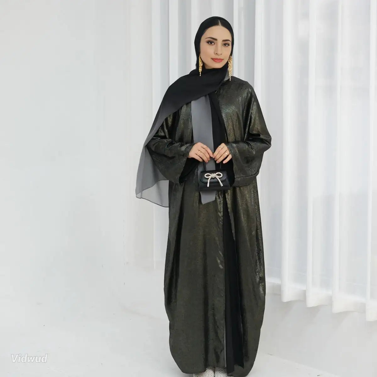 Beads Sleeve Shiny Cardigan Open Abaya Dress Spandex Rayon Corduroy