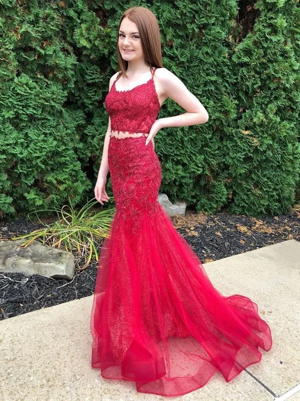 Red 2 Pieces Lace Mermaid Prom Dresses, Two Pieces Red Mermaid Lace Formal Evening Dresses Red 2 Pieces Lace Mermaid Prom Dresses, Two Pieces Red Mermaid Lace Formal Evening Dresses