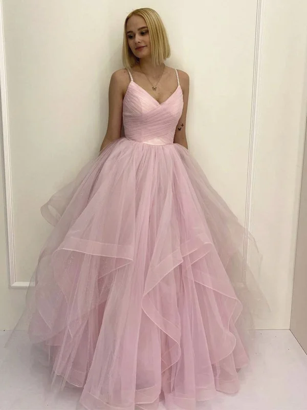V Neck Pink Tulle Prom Dresses, Pink V Neck Tulle Formal Evening Dresses