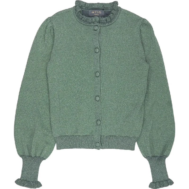 Wyse Sage Green Selena Ruffle Neck Cardigan Fitted Slim Tailored