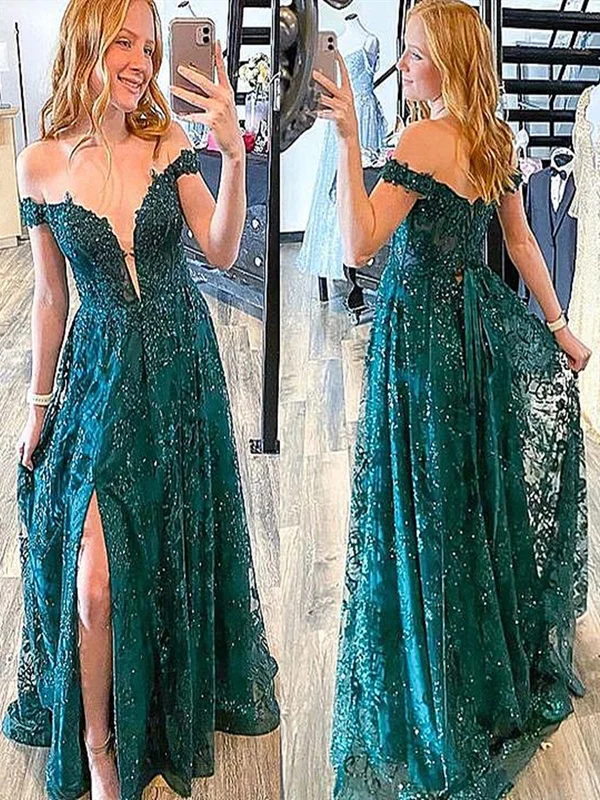 Off the Shoulder Green Lace Prom Dresses, Off Shoulder Green Lace Formal Evening Dresses Off the Shoulder Green Lace Prom Dresses, Off Shoulder Green Lace Formal Evening Dresses