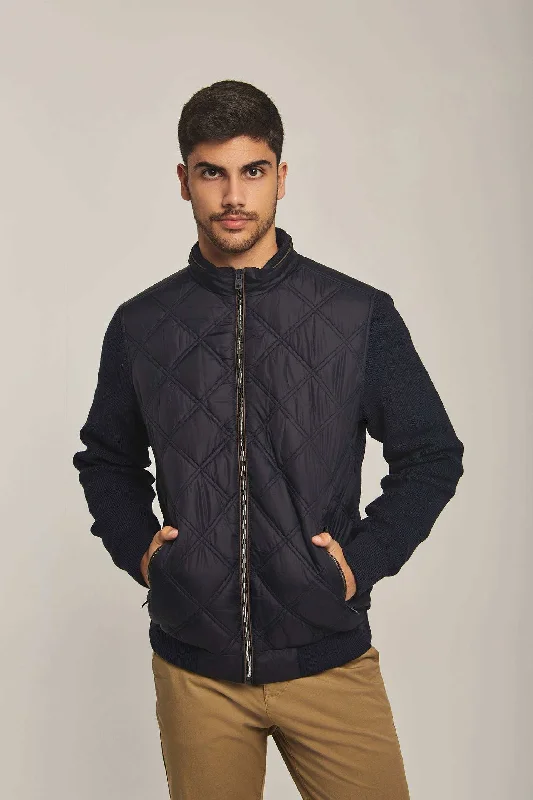 Men Regular Fit Jacket - Dark Navy Knit Fabric Woven Fabric Fleece Fabric