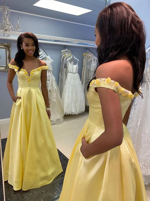 Off the Shoulder Yellow Satin Long Prom Dress, 3D Floral Off Shoulder Long Formal Evening Dresses Off the Shoulder Yellow Satin Long Prom Dress, 3D Floral Off Shoulder Long Formal Evening Dresses
