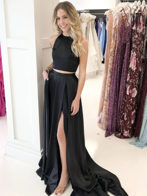 Two Pieces Black Satin Long Prom Dresses, 2 Pieces Black Long Formal Evening Dresses Two Pieces Black Satin Long Prom Dresses, 2 Pieces Black Long Formal Evening Dresses