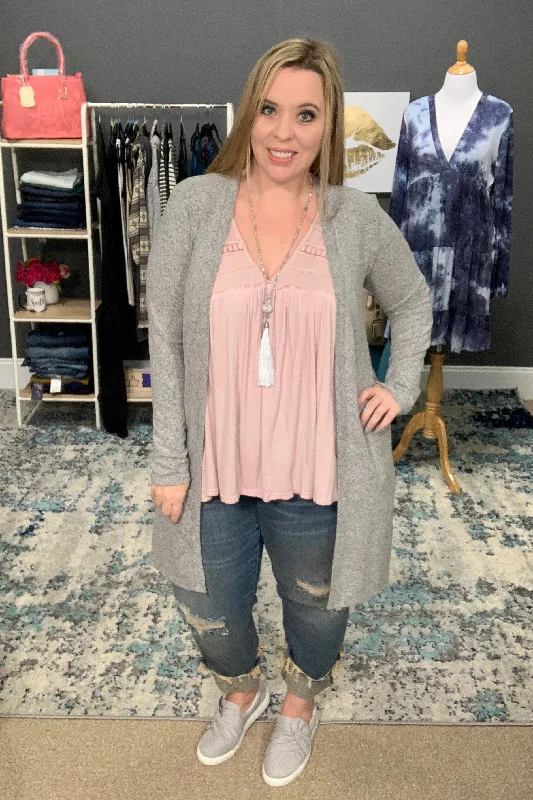 Super Soft Long Sleeve Hacci Open Front Cardigan - Heather Gray Crew Neck V-Neck Turtle Neck