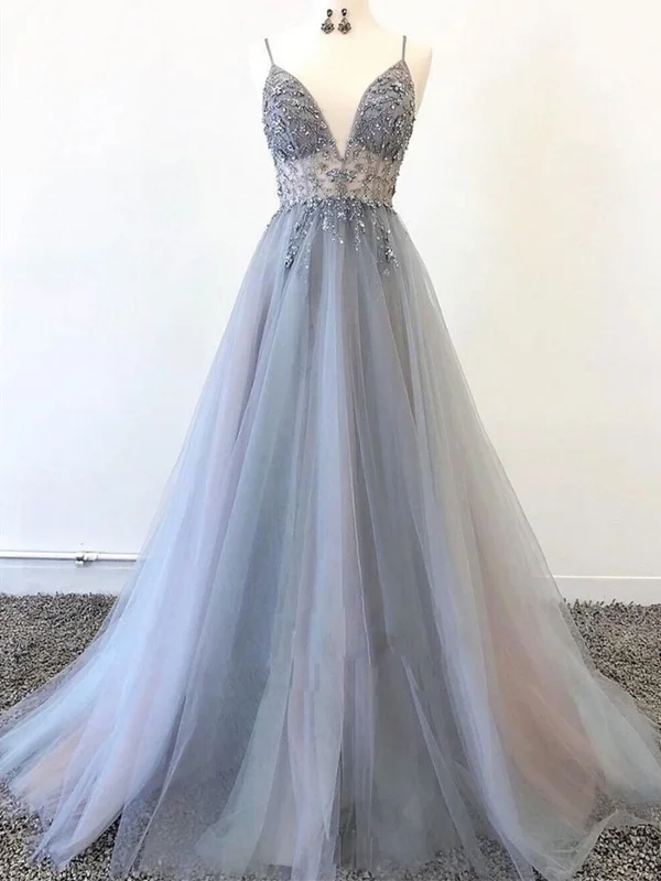 V Neck Silver Grey Beaded Long Prom Dresses, Silver Gray Beaded Long Formal Evening Dresses V Neck Silver Grey Beaded Long Prom Dresses, Silver Gray Beaded Long Formal Evening Dresses