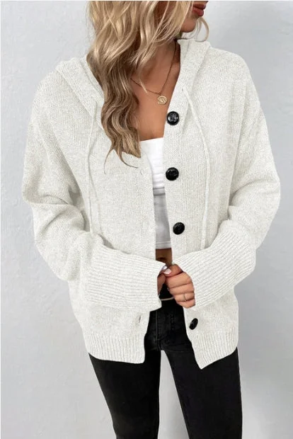 Women's Drawstring Hooded Button-Up Sweater Cardigan Terry Terry Cloth Terry Knit