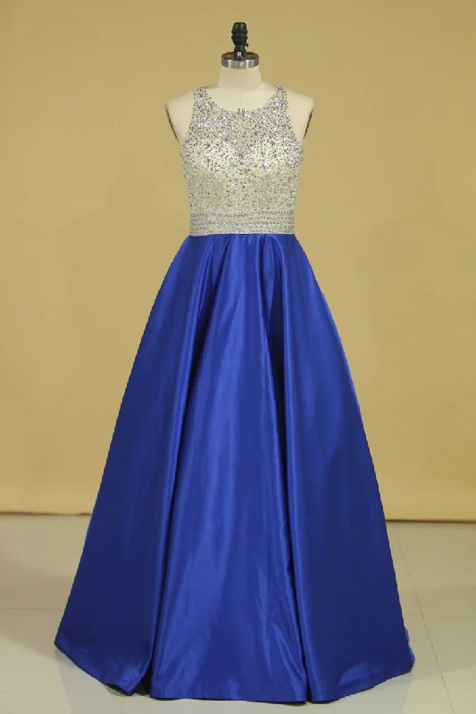 Royal Blue Scoop Open Back Beaded Bodice A Line Prom Dresses Satin & Tulle Plus Size Royal Blue Scoop Open Back Beaded Bodice A Line Prom Dresses Satin & Tulle Plus Size