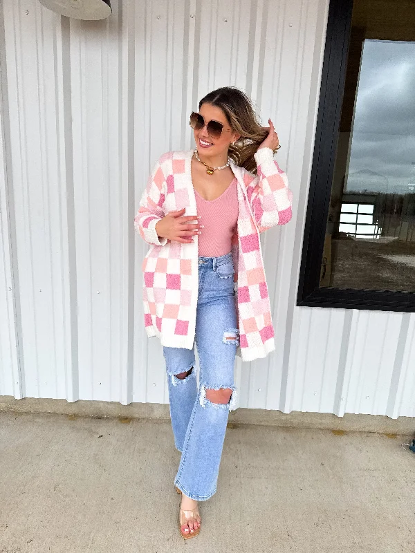PREORDER Blakeley Pink Checker Cloud Cardigan Soft Cozy Warm