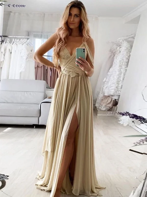 V Neck Champagne Lace Prom Dresses, Champagne Lace Formal Evening Dresses