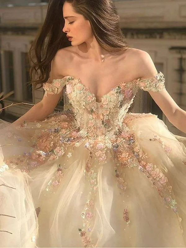 Off the Shoulder Champagne Floral Long Prom Dresses, Off Shoulder Champagne 3D Flower Long Formal Evening Dresses Off the Shoulder Champagne Floral Long Prom Dresses, Off Shoulder Champagne 3D Flower Long Formal Evening Dresses