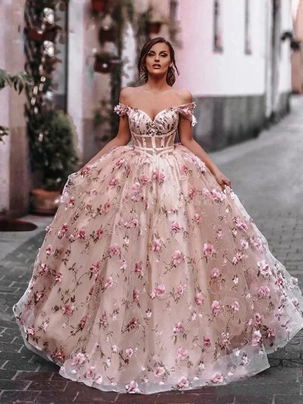 Off the Shoulder Pink 3D Floral Long Prom Dresses, 3D Flower Pink Formal Evening Dresses Off the Shoulder Pink 3D Floral Long Prom Dresses, 3D Flower Pink Formal Evening Dresses