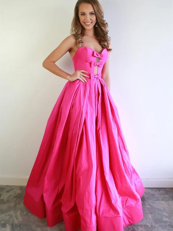 Strapless Hot Pink Satin Long Prom Dresses, Hot Pink Satin Long Formal Evening Dresses