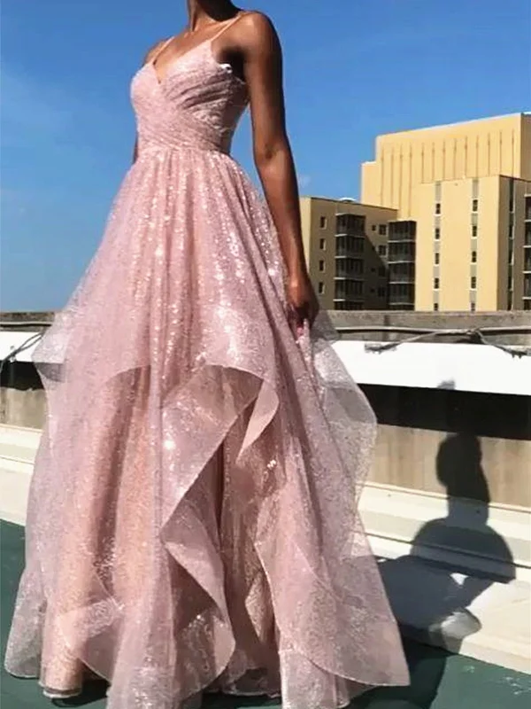 Shiny A Line V Neck Pink Prom Dresses, Pink V Neck Formal Evening Dresses