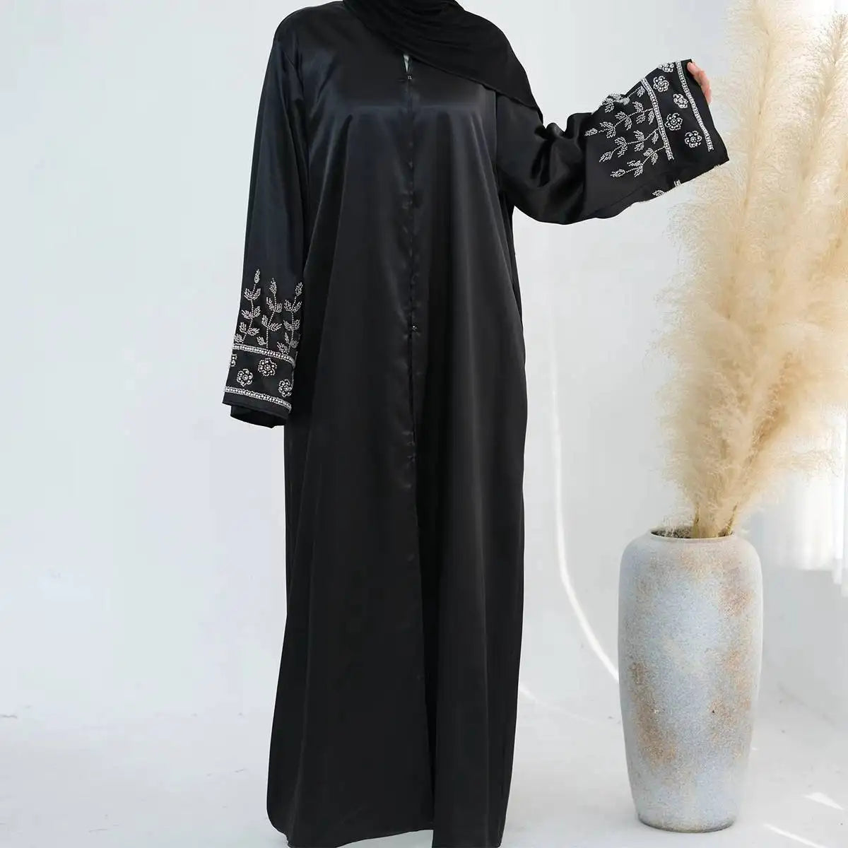 Satin Hand Beading Cardigan Open Abaya Dress Wool Fabric Cashmere Fabric Tweed Fabric