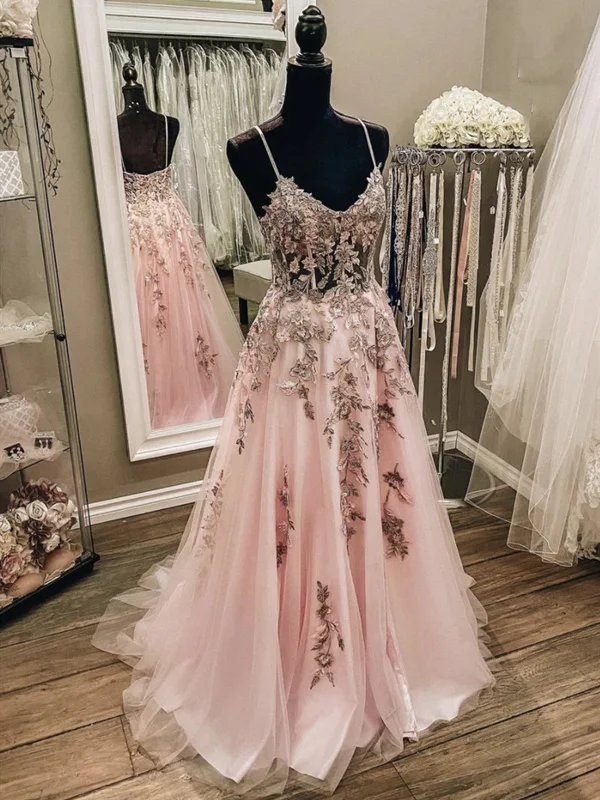 V Neck Pink Champagne Floral Long Prom Dresses, Pink Champagne Lace Formal Evening Dresses V Neck Pink Champagne Floral Long Prom Dresses, Pink Champagne Lace Formal Evening Dresses