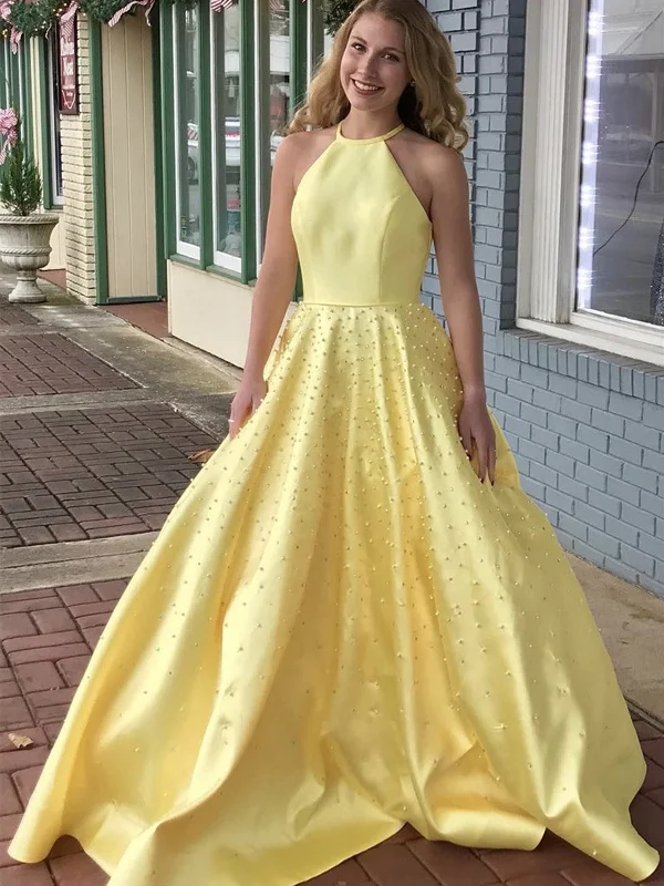 Halter Neck Yellow Satin Beaded Long Prom Dresses, Yellow Halter Neck Long Formal Evening Dresses Halter Neck Yellow Satin Beaded Long Prom Dresses, Yellow Halter Neck Long Formal Evening Dresses