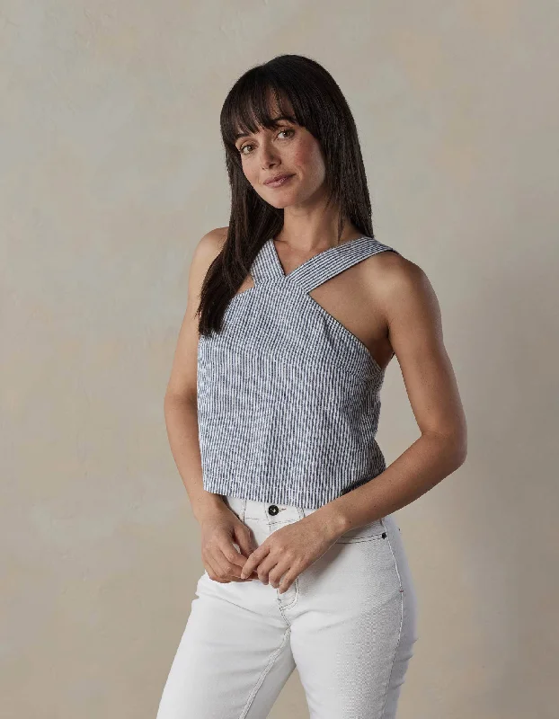 Lived-In Cotton Halter Tank in Navy Railroad Stripe high neck tank