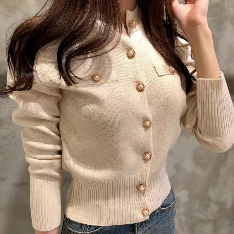 Autumn Long Sleeve Fashion Women Cardigans Sweater Knitted Coat Short Casual Single Breasted Korean Slim Chic Ladies Tops 17375 Wool Cardigan Cotton Cardigan Cashmere Cardigan