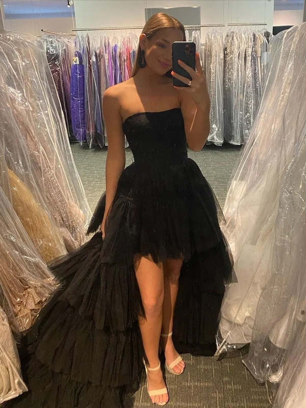Black High Low Tulle Prom Dress, Black Tulle High Low Formal Evening Dresses