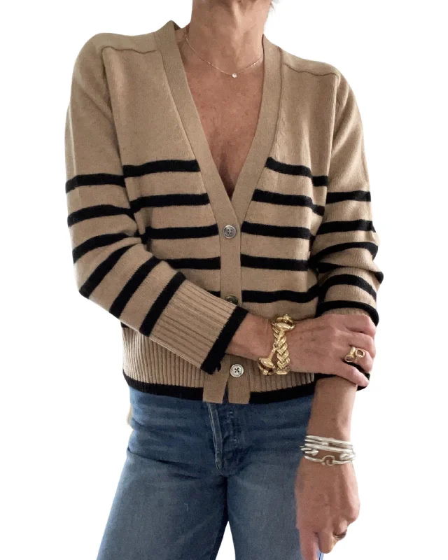 Raffa Striped Cashmere Cardigan Camel/Black Neon metallic Matte