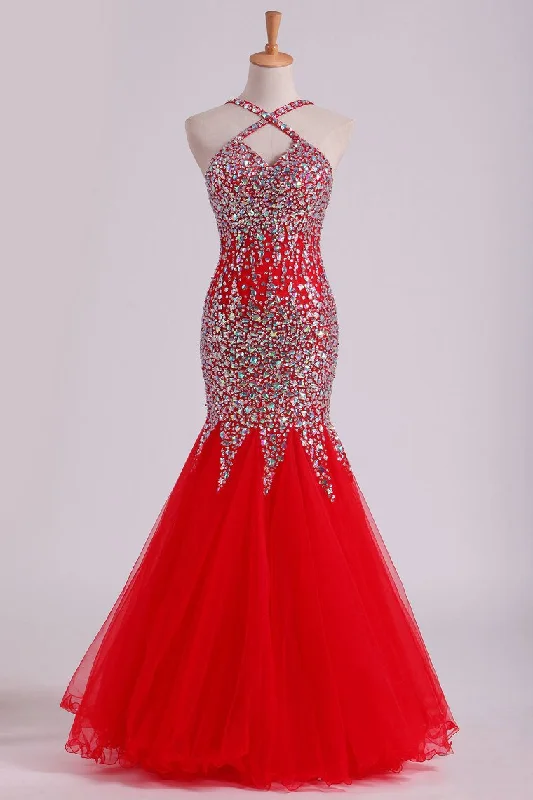 Red Spaghetti Straps Dark Royal Blue Prom Dresses Mermaid Tulle Beaded Bodice Floor Length Red Spaghetti Straps Dark Royal Blue Prom Dresses Mermaid Tulle Beaded Bodice Floor Length