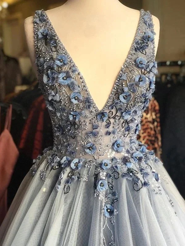 V Neck Gray Tulle 3D Floral Long Prom Dresses, Gray Floral Tulle Formal Evening Dresses