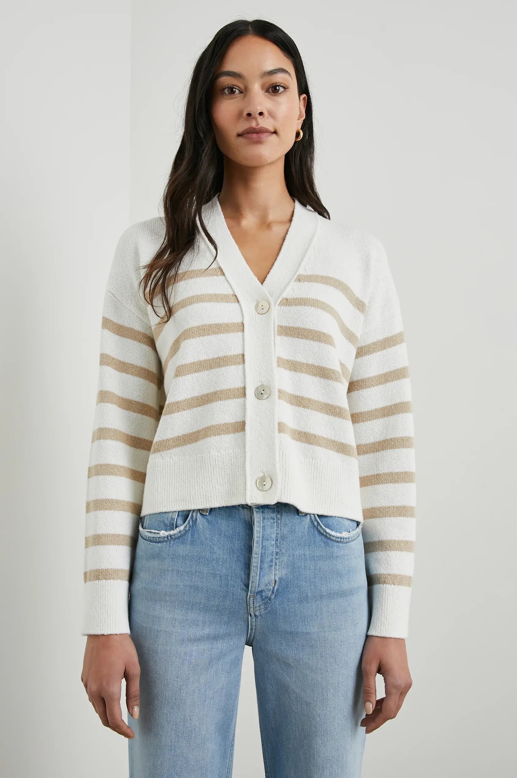 Rails - Geneva Cardigan in Sand Stripe Zippered Buttoned Snapped