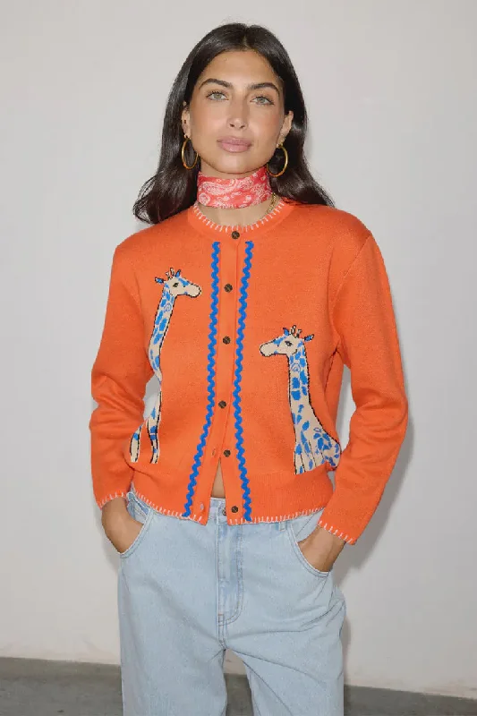 Never Fully Dressed Giraffe Knit Cardigan - Orange Zippered Buttoned Snapped