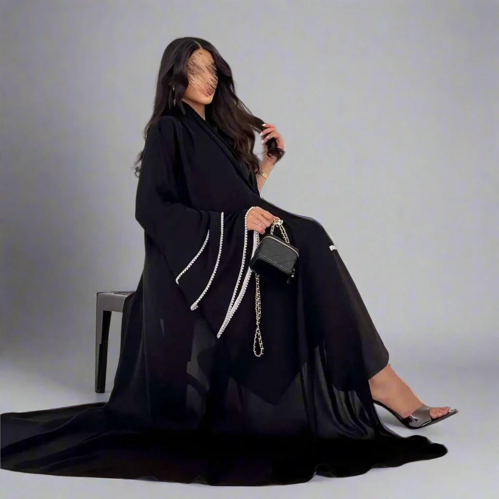 Beads Sleeve Muslim Women Cardigan Open Abaya Dress Glossy Satin Silk