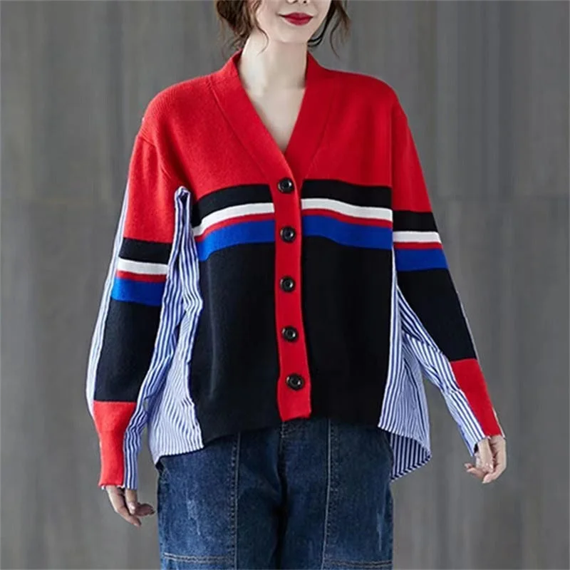 Vintage Long Sleeves Striped Knitting Women Cardigan Sweaters Transparent Opaque Sheer