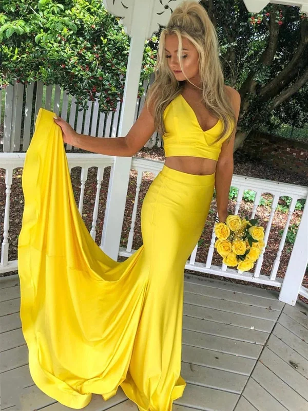 Two Pieces V Neck Yellow Mermaid Long Prom Dresses, 2 Pieces Yellow Mermaid Formal Evening Dresses Two Pieces V Neck Yellow Mermaid Long Prom Dresses, 2 Pieces Yellow Mermaid Formal Evening Dresses