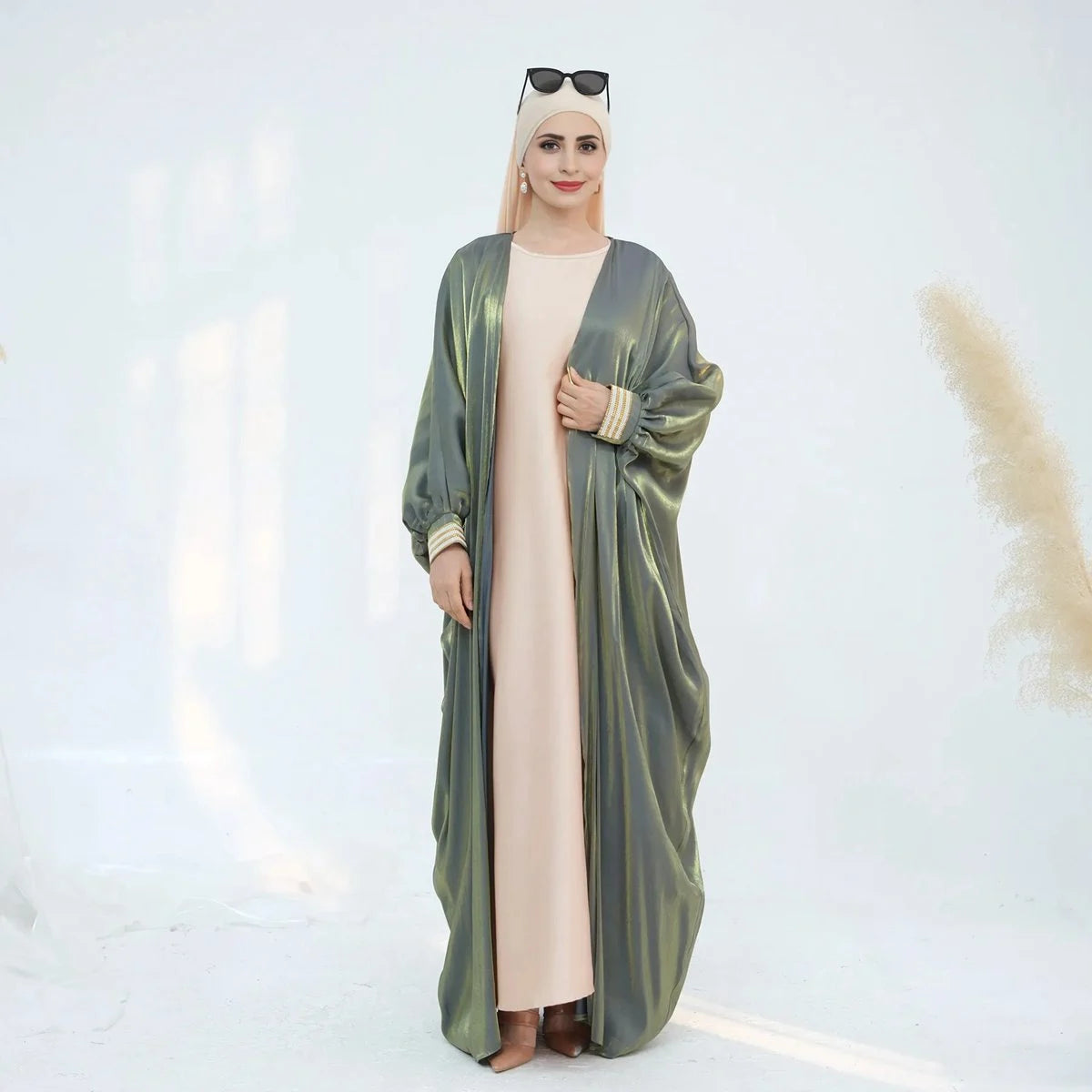 Gleam Cardigan Open Abaya Dress #25848 Mesh Blend Leather Blend Suede Blend