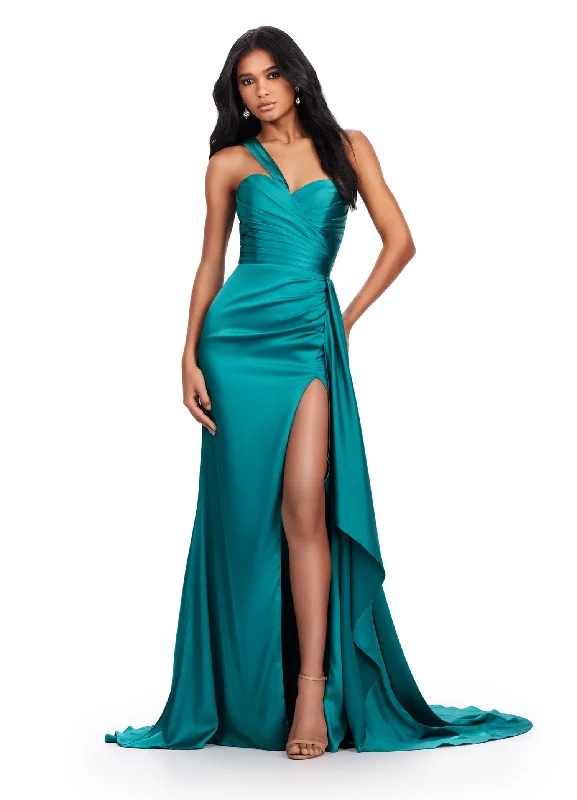 Ashley Lauren 11576 Long Prom Dress One Shoulder Ruched Satin Gown Slit Formal Pageant Gown Ashley Lauren 11576 Long Prom Dress One Shoulder Ruched Satin Gown Slit Formal Pageant Gown