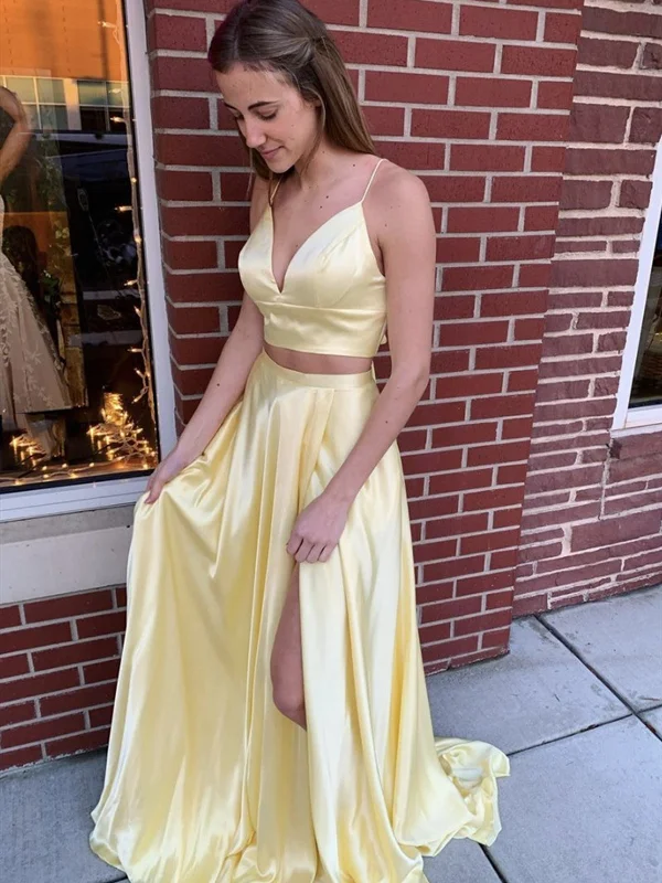 A Line V Neck Two Pieces Yellow Long Prom Dresses, 2 Pieces Yellow Formal Evening Dresses A Line V Neck Two Pieces Yellow Long Prom Dresses, 2 Pieces Yellow Formal Evening Dresses