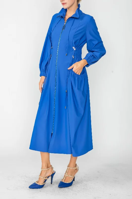Blue Draw Stand Collar Side Drawed Shirring Long Jacket Fitted Jacket Loose Jacket Oversized Jacket Blue Draw Stand Collar Side Drawed Shirring Long Jacket Fitted Jacket Loose Jacket Oversized Jacket