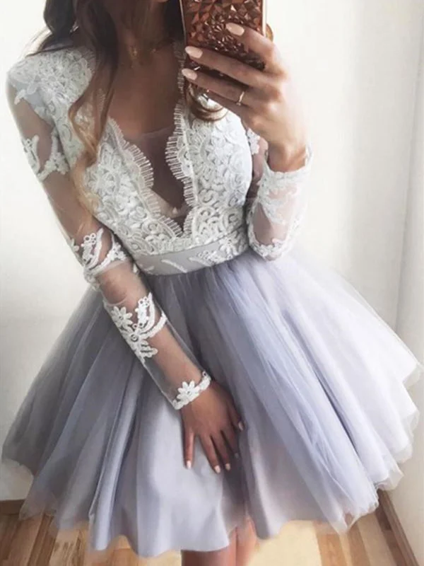 V Neck Short Gray Prom Dress with White Lace, Short Lace Formal Graduation Dresses